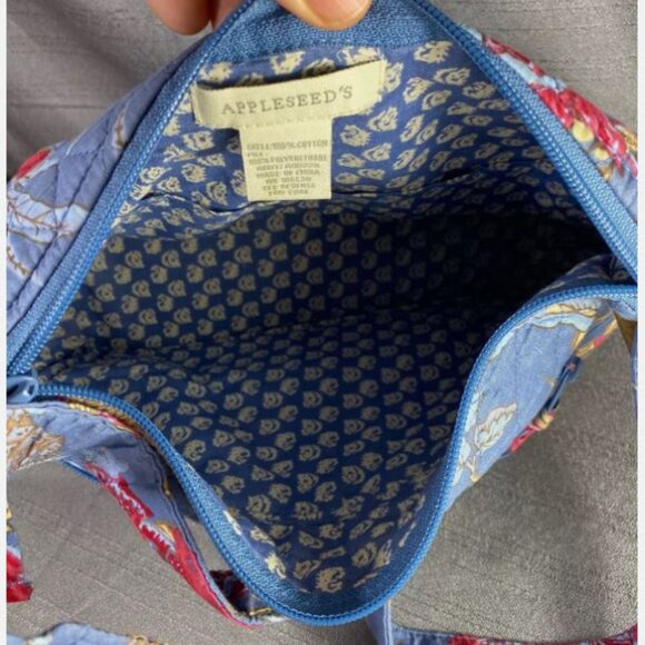 Appleseed Blue Floral Cloth Purse 10.5 x 7.5 x 5 w 9-18in adj hang - Picture 6 of 8